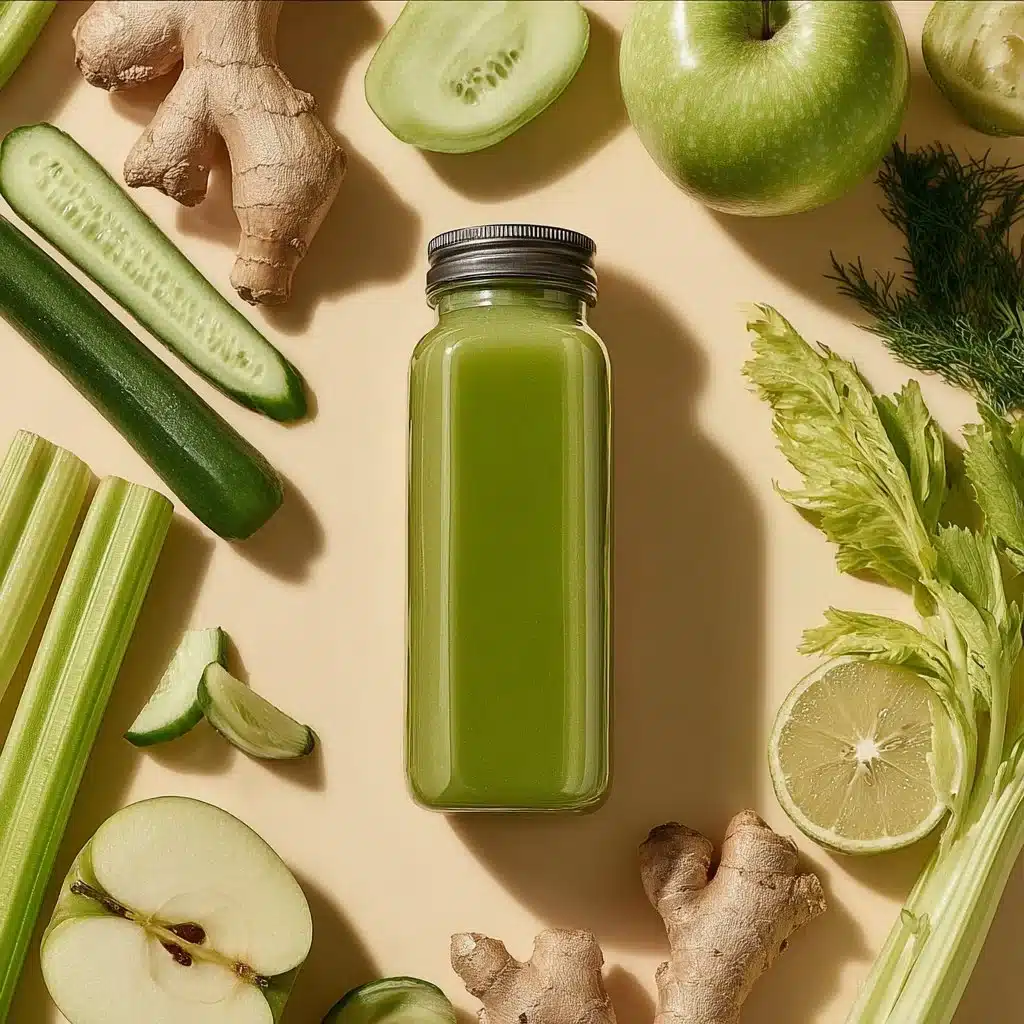 Fresh green juice recipe for healthy, glowing skin.