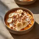 High-protein sweet potato bowl with colorful toppings and fresh ingredients.