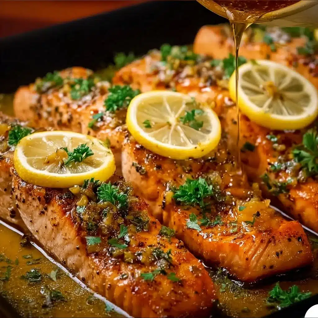 Honey garlic butter baked salmon served with fresh herbs and lemon slices.