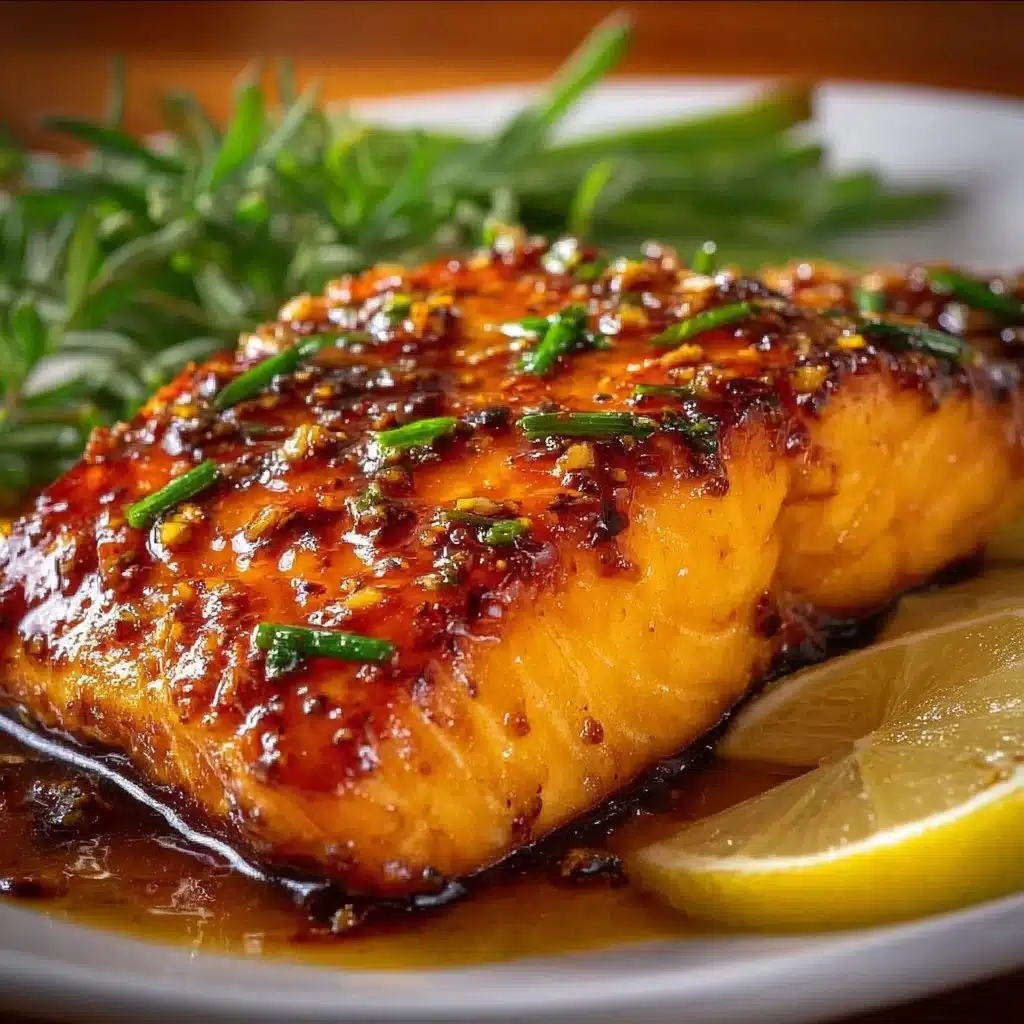 Honey-Garlic Salmon topped with glaze, served on a white plate with green garnish.