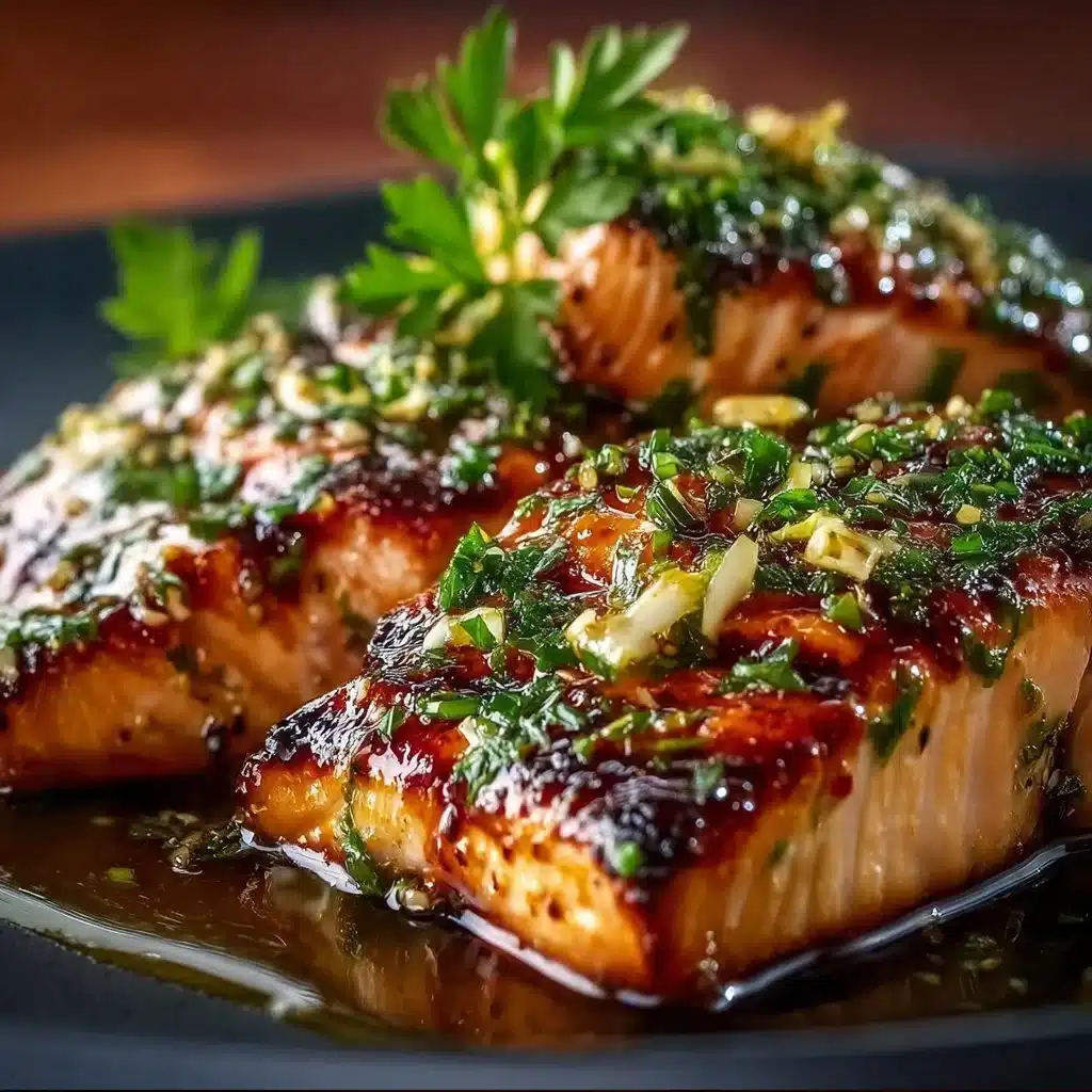 Honey-Lime Garlic Butter Baked Salmon on a plate garnished with herbs