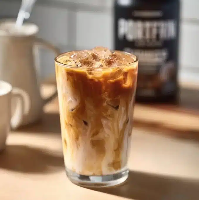 Iced Protein Vanilla Macchiato in a glass with ice and whipped cream on top