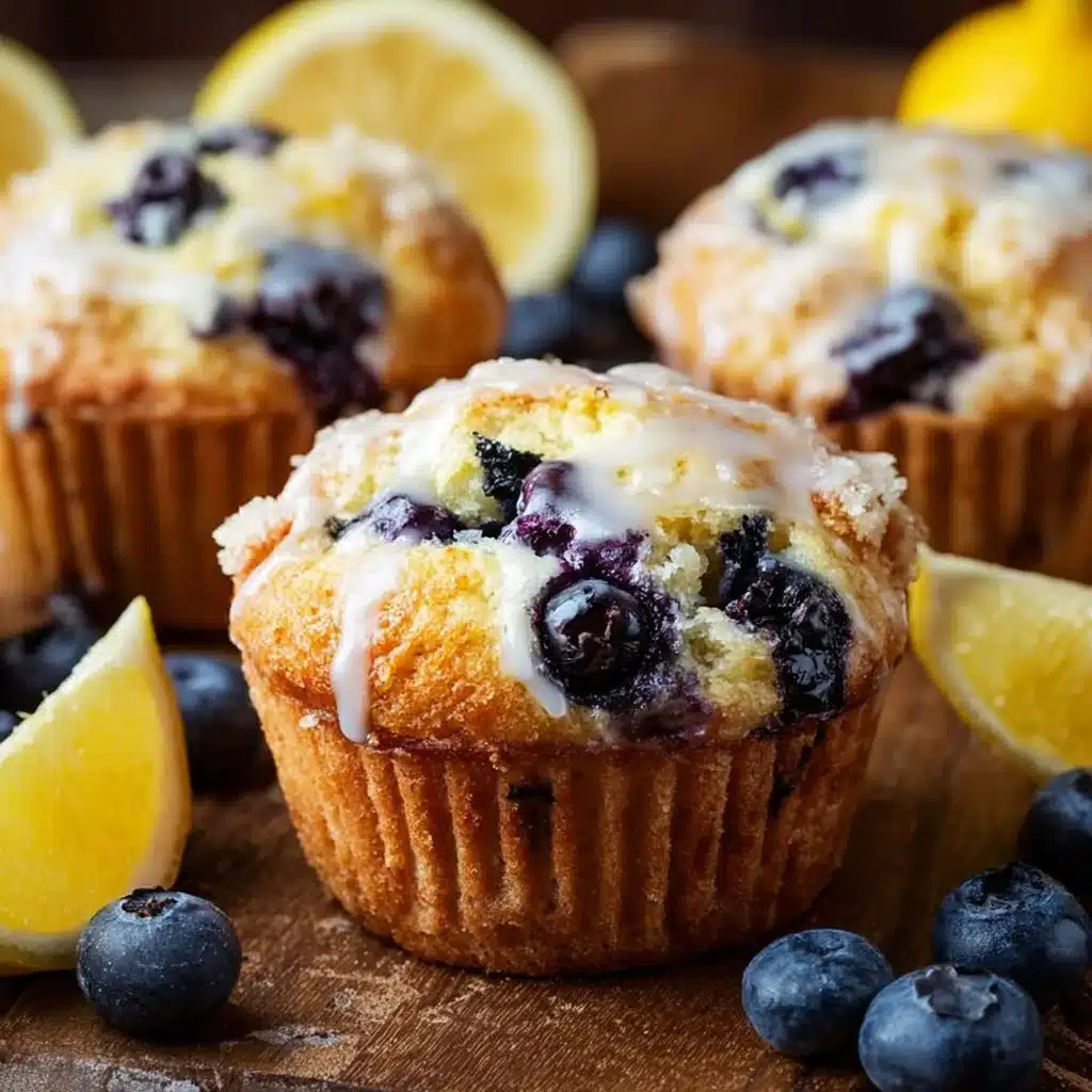 Freshly baked lemon blueberry muffins with a golden crust and juicy blueberries.