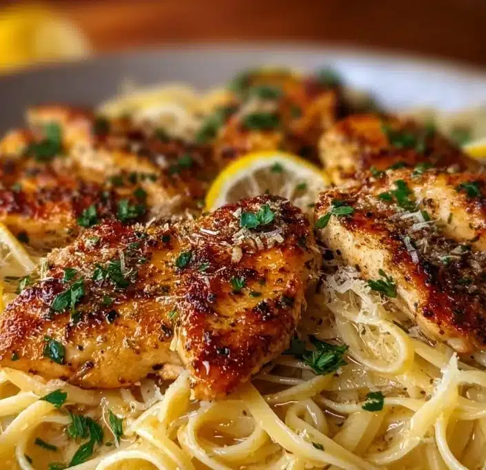 Lemon Garlic Butter Chicken served with Parmesan Linguine on a plate.