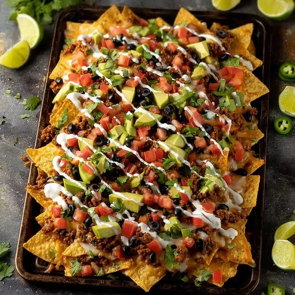 Delicious loaded vegan nachos topped with fresh ingredients and plant-based cheese.