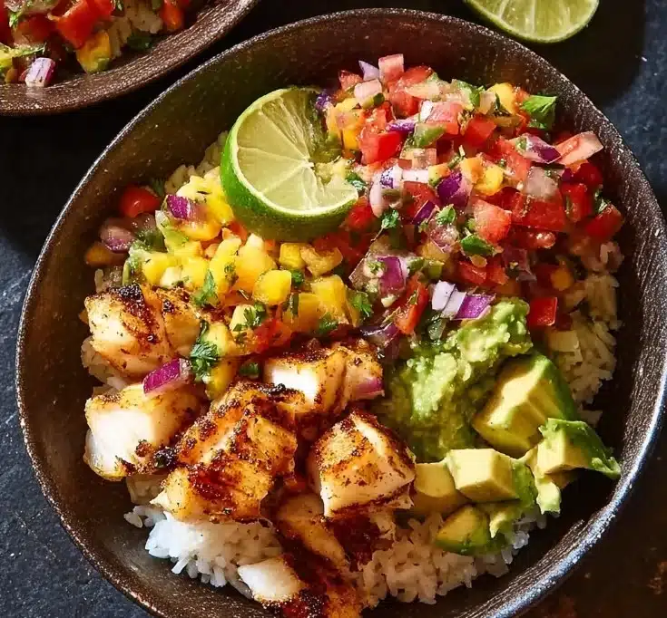 Low-carb fish taco bowls topped with fresh ingredients and lime wedges.