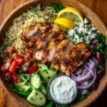 Delicious Mediterranean chicken bowl with fresh vegetables and spices