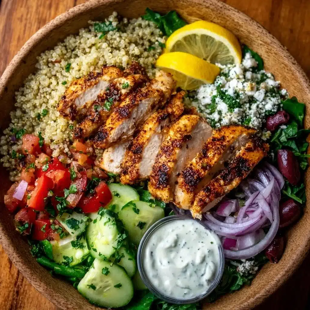 Delicious Mediterranean chicken bowl with fresh vegetables and spices