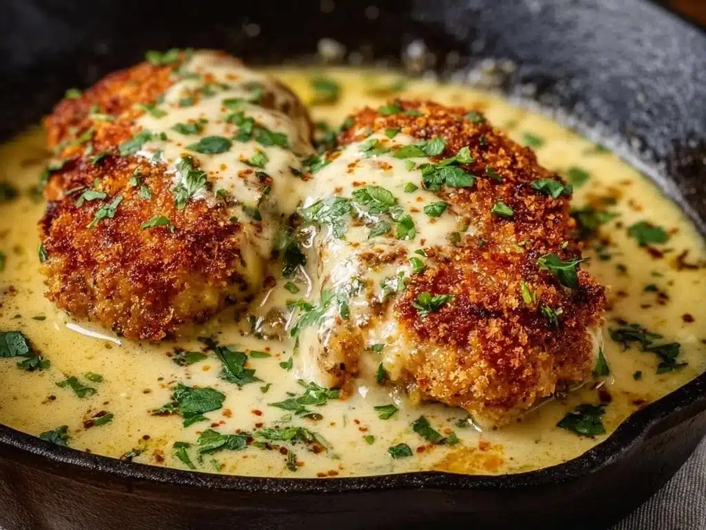 Melt-in-Your-Mouth Parmesan Crusted Chicken with Creamy Garlic Sauce