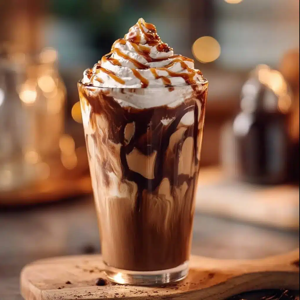 A refreshing mocha caramel iced coffee topped with whipped cream and caramel drizzle