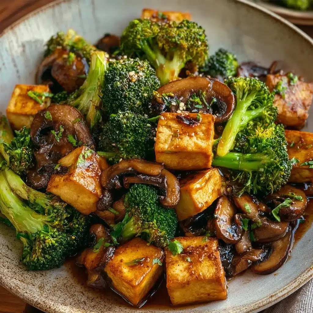 Colorful mushroom tofu stir-fry with vegetables served in a bowl
