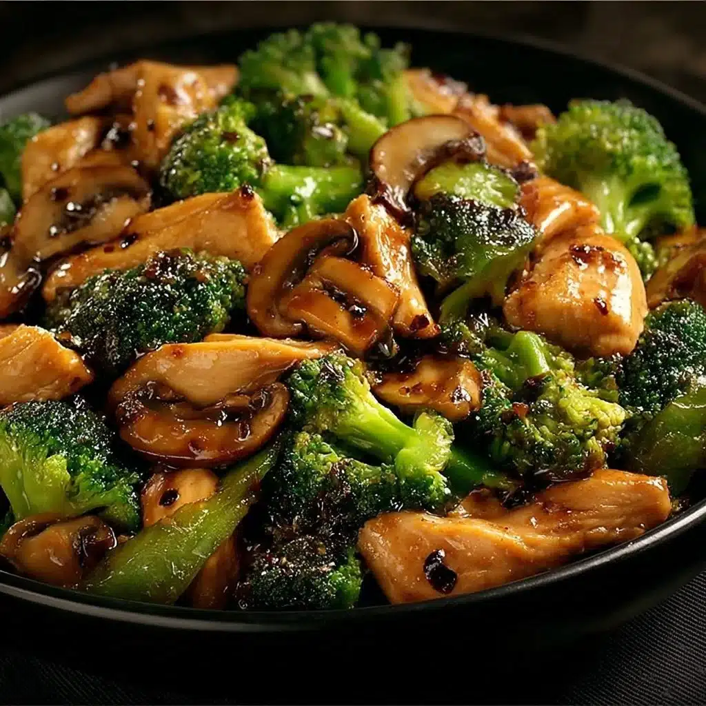Delicious chicken stir-fry with broccoli and mushrooms in a vibrant sauce
