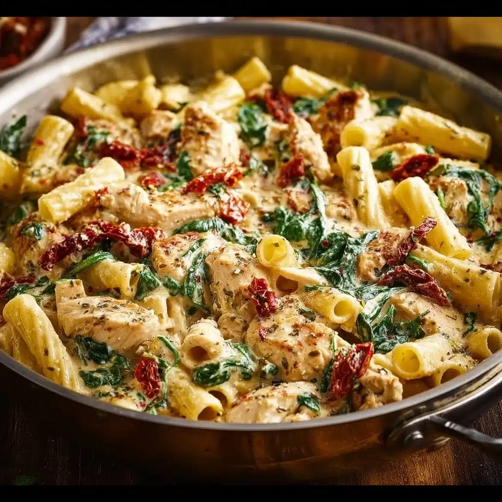 One-pot creamy Tuscan chicken pasta dish served in a bowl with herbs.