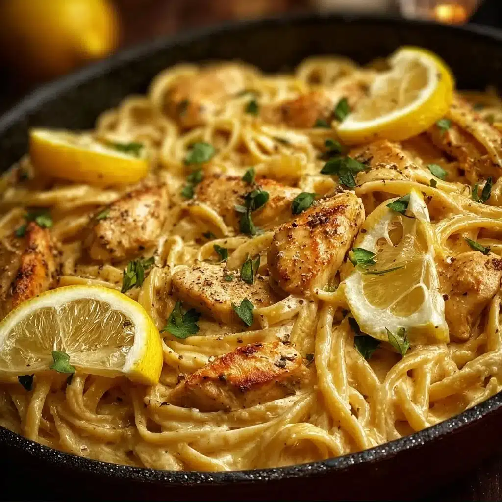 Delicious one-pot lemon garlic chicken pasta garnished with fresh herbs