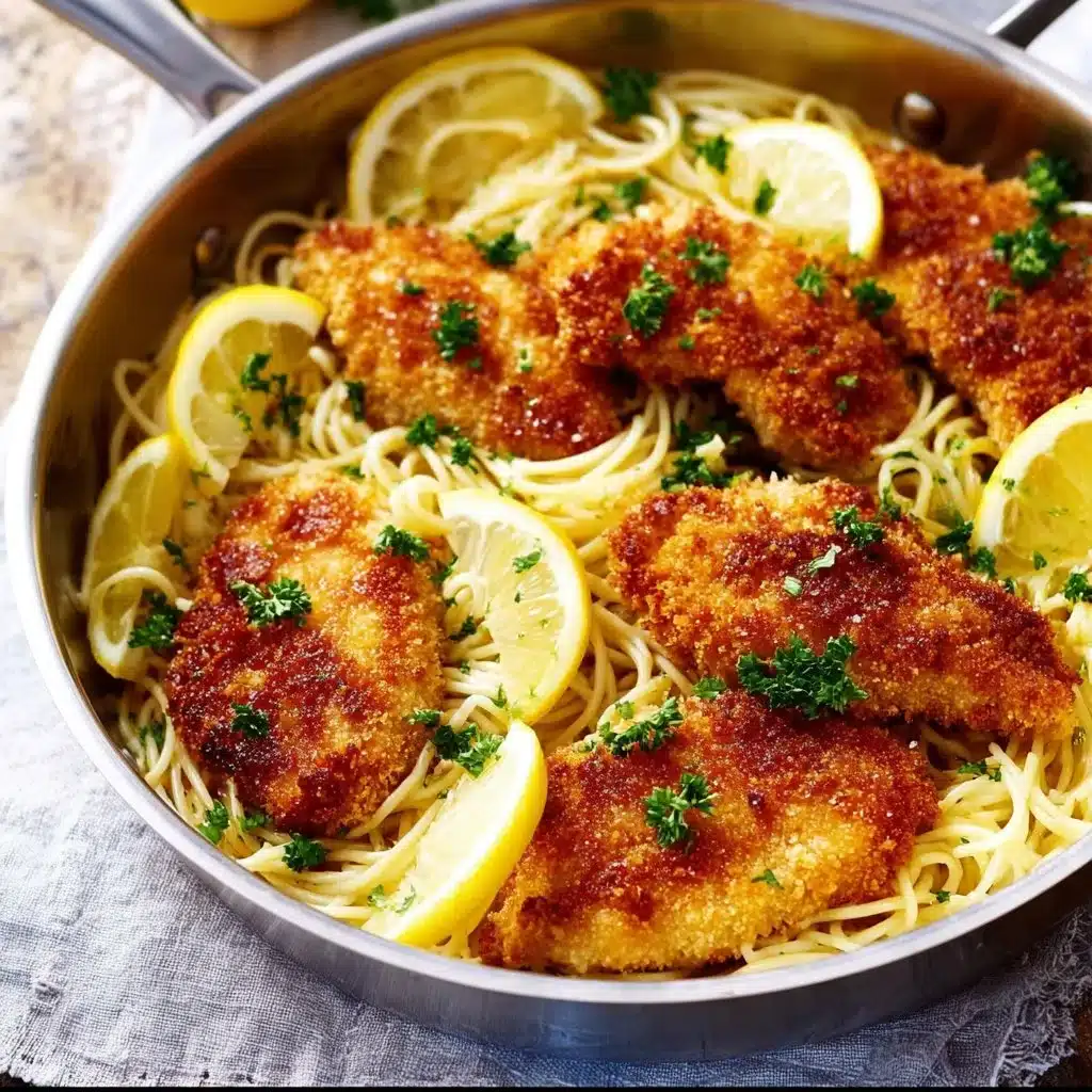 Plate of Parmesan Crusted Chicken served with creamy lemon garlic pasta.