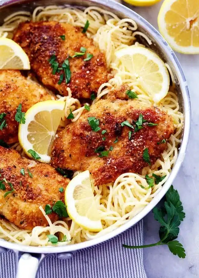 Parmesan Crusted Chicken with Creamy Lemon Garlic Pasta