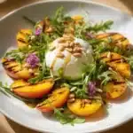 Vibrant Peach Burrata Salad with fresh peaches and creamy burrata cheese