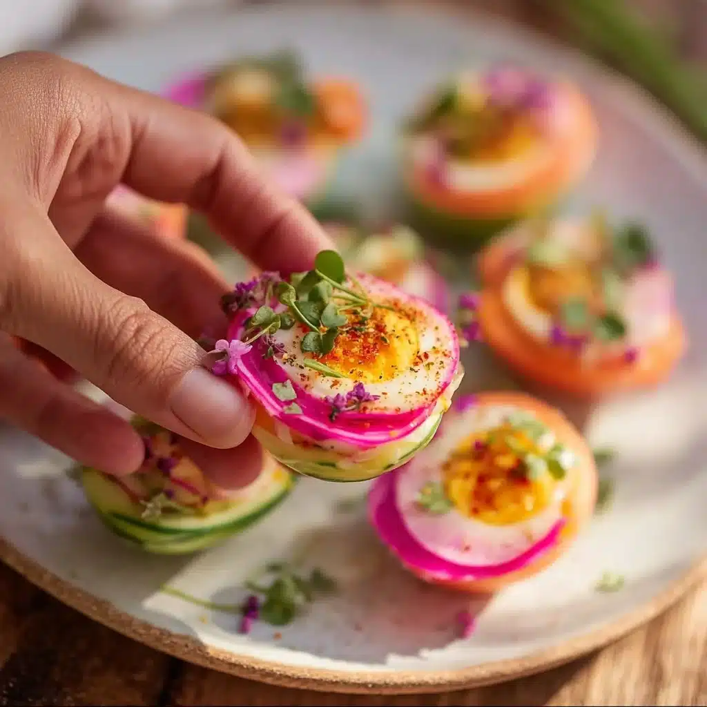 An image of perfectly pink deviled eggs garnished with herbs.