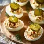 Pickle Lover Deviled Eggs garnished with pickles on a white plate.