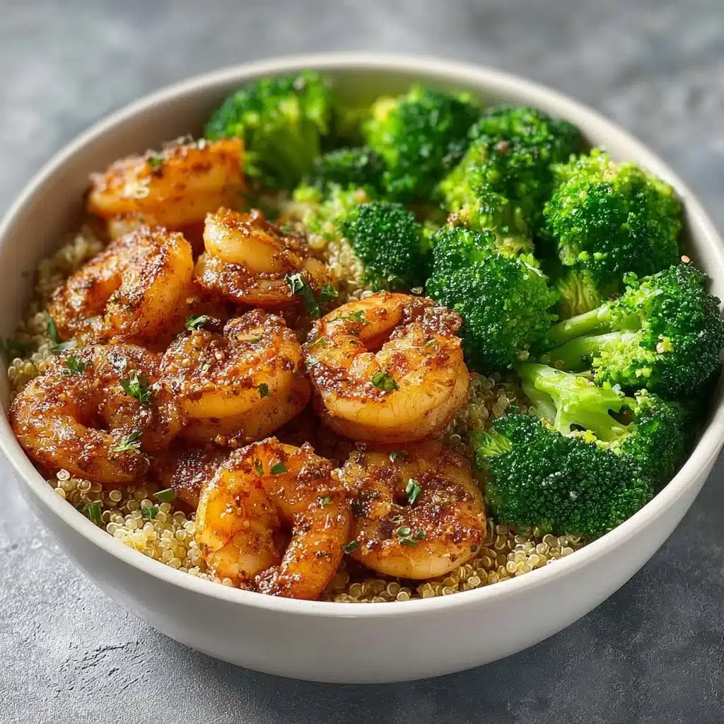 Shrimp quinoa bowl topped with vegetables and herbs for a nutritious meal.