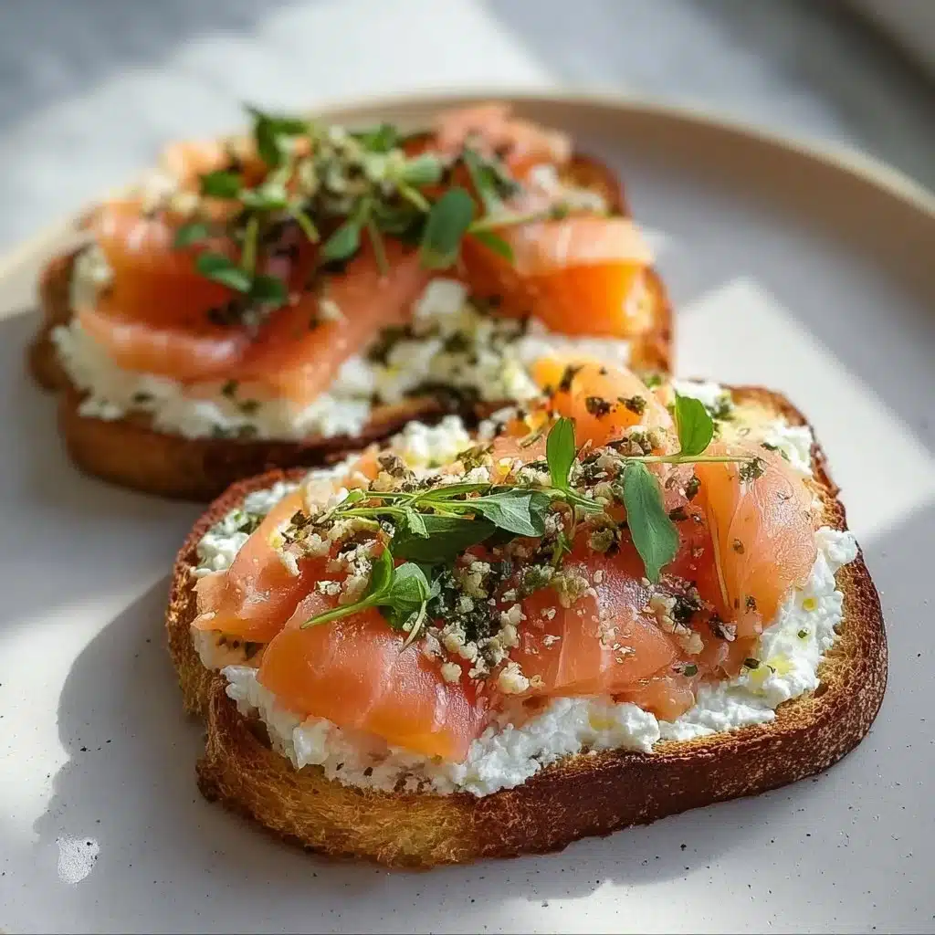 Smoked salmon cottage cheese toast topped with herbs on a wooden board