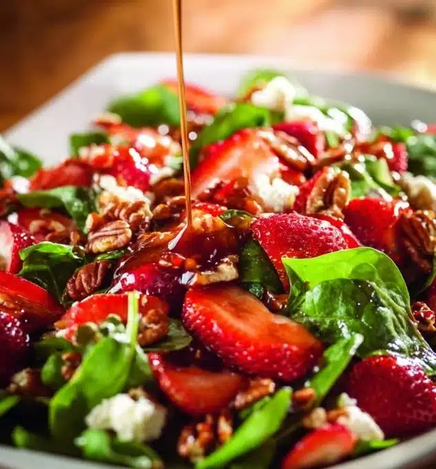 A vibrant Spinach Strawberry Salad topped with pecans, showcasing fresh ingredients.