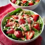 Fresh Spinach Strawberry Walnut Salad with Feta cheese on a serving plate.