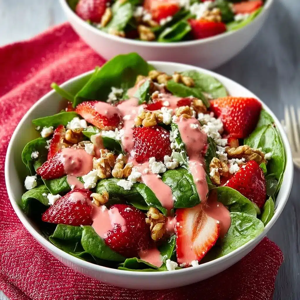 Fresh Spinach Strawberry Walnut Salad with Feta cheese on a serving plate.