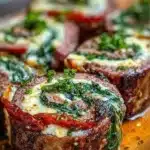 Deliciously prepared steak pinwheels filled with herbs and cheese.