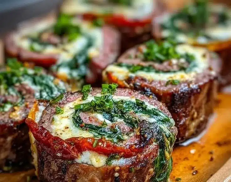 Deliciously prepared steak pinwheels filled with herbs and cheese.