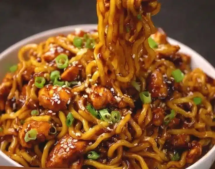 Delicious Sticky Garlic Chicken Noodles in a bowl garnished with herbs