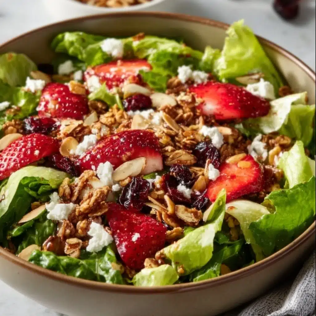 Bowl of colorful Strawberry Crunch Salad with fresh strawberries and crunchy toppings