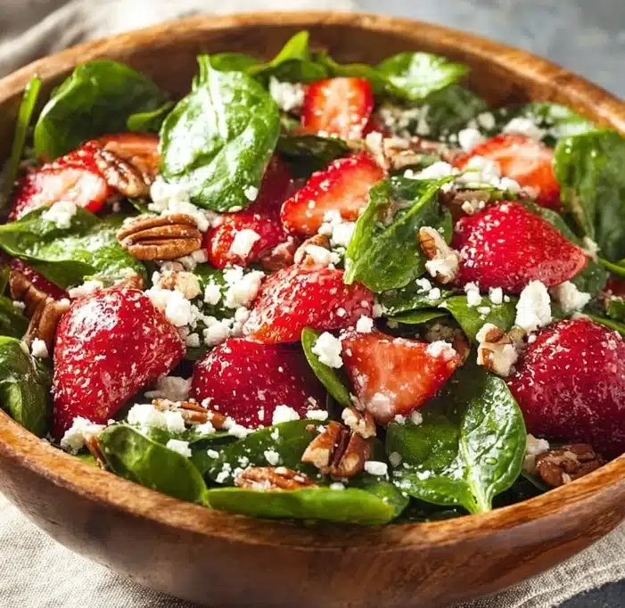 Healthy strawberry spinach salad with vibrant strawberries and fresh spinach leaves.