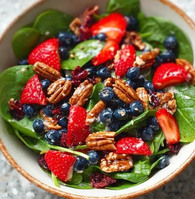Fresh Strawberry Spinach Salad with Pecans and Feta cheese in a bowl.