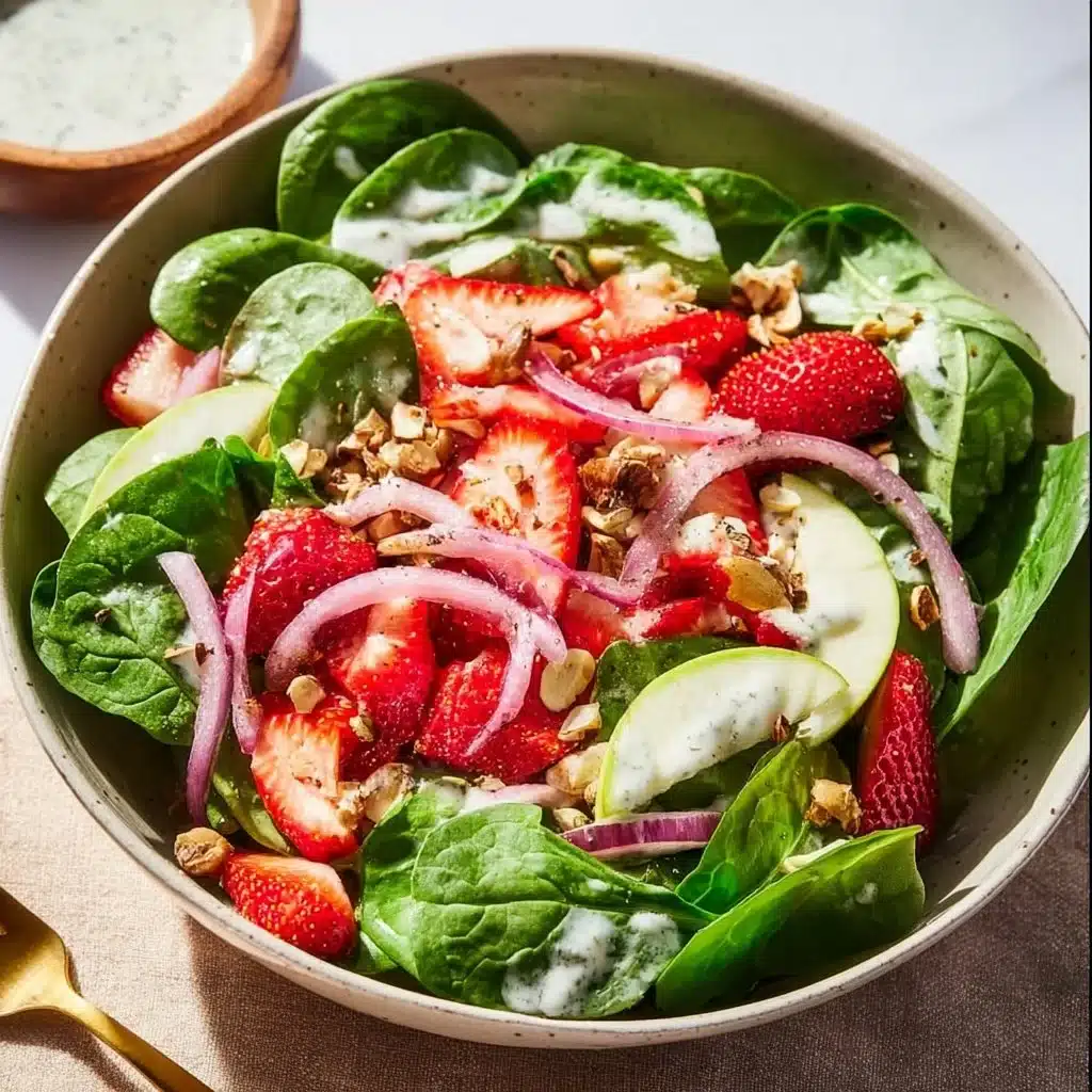 Strawberry Spinach Salad with Poppy Seed Dressing and Avocado served in a bowl