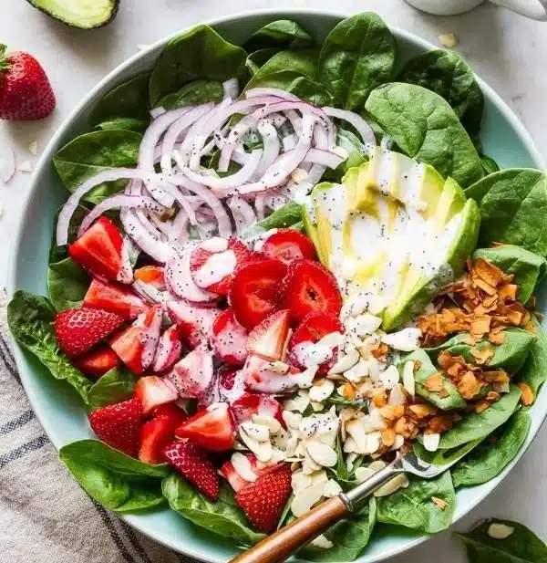 Strawberry Spinach Salad with Poppy Seed Dressing and Avocado
