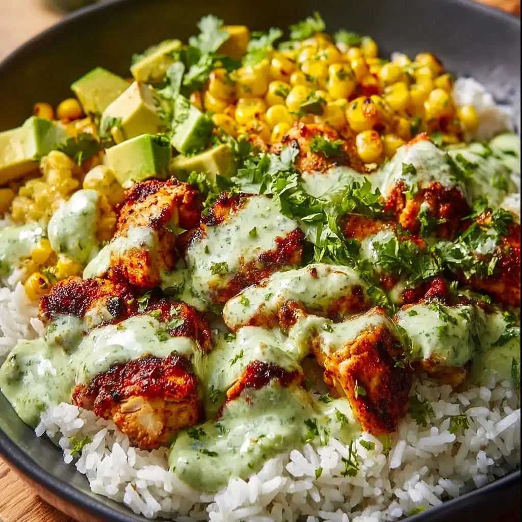 Street Corn Chicken Rice Bowl with vibrant corn and tender chicken over rice