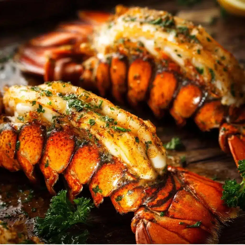 Delicious baked lobster tails smothered in garlic butter, perfect for a gourmet dinner.