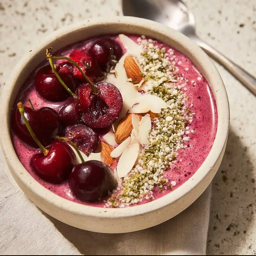 Bright and refreshing cherry smoothie bowl with fresh cherries and toppings.