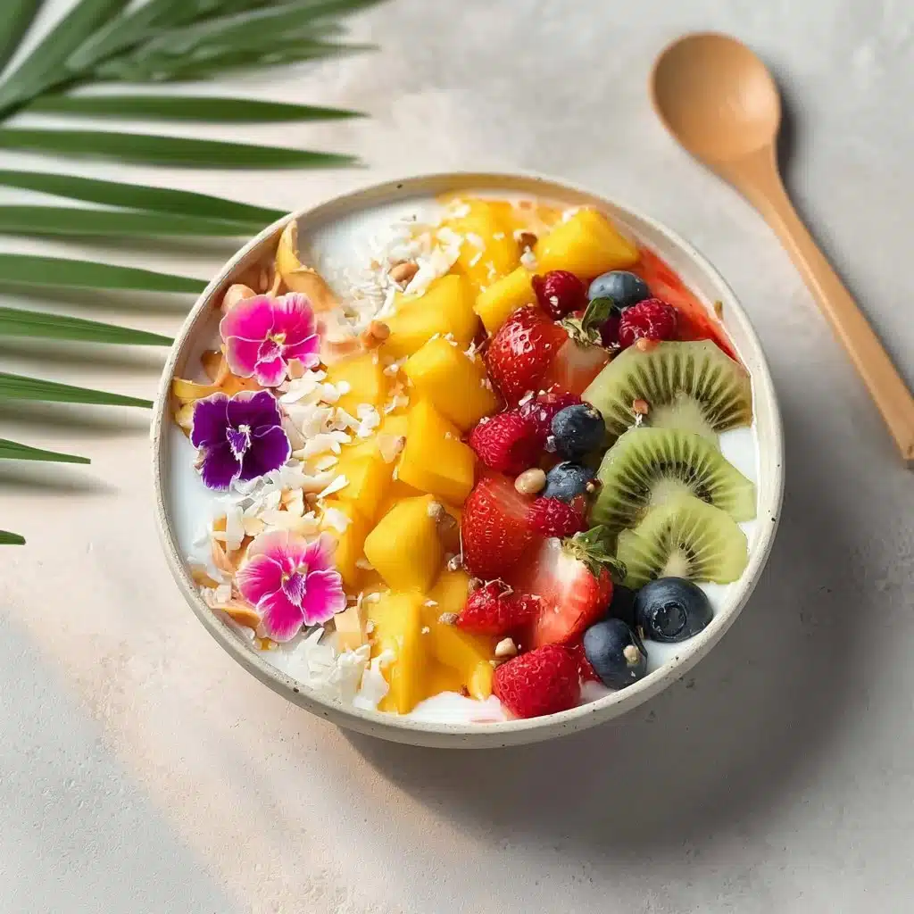 Tropical fruit yogurt bowl topped with colorful fresh fruits and creamy yogurt.