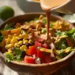 Colorful and healthy Vegan Taco Salad with fresh vegetables and toppings.