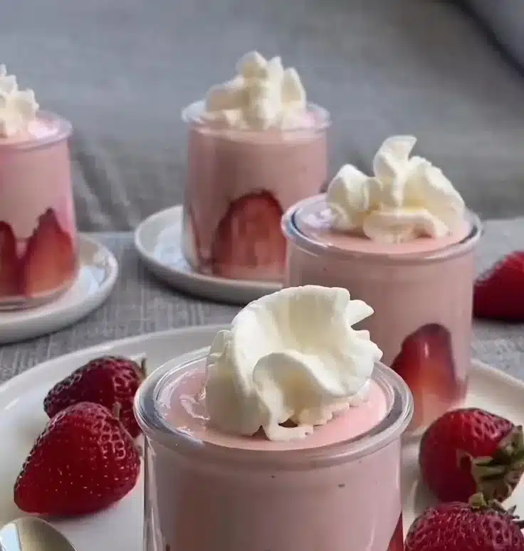 Delicious 3 Ingredient Strawberry Mousse dessert in a glass.