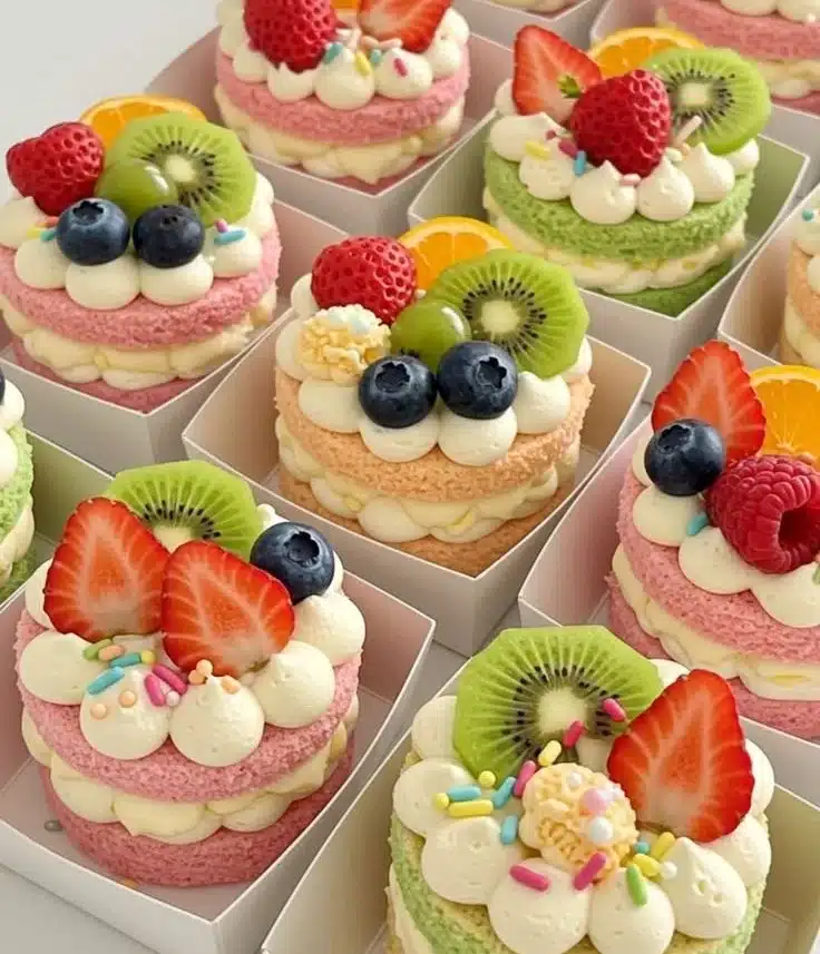 Colorful bento cake with fruits and decorations for a delightful dessert experience.