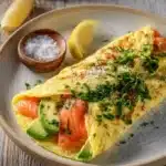Avocado and smoked salmon omelet garnished with fresh herbs