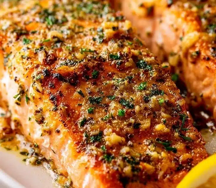 Baked lemon garlic butter salmon served with fresh herbs and lemon slices