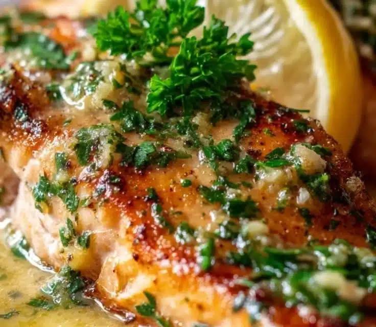 Baked lemon garlic butter salmon on a plate garnished with fresh herbs