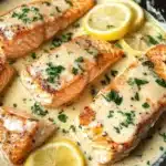 Baked salmon fillet drizzled with lemon butter cream sauce on a plate
