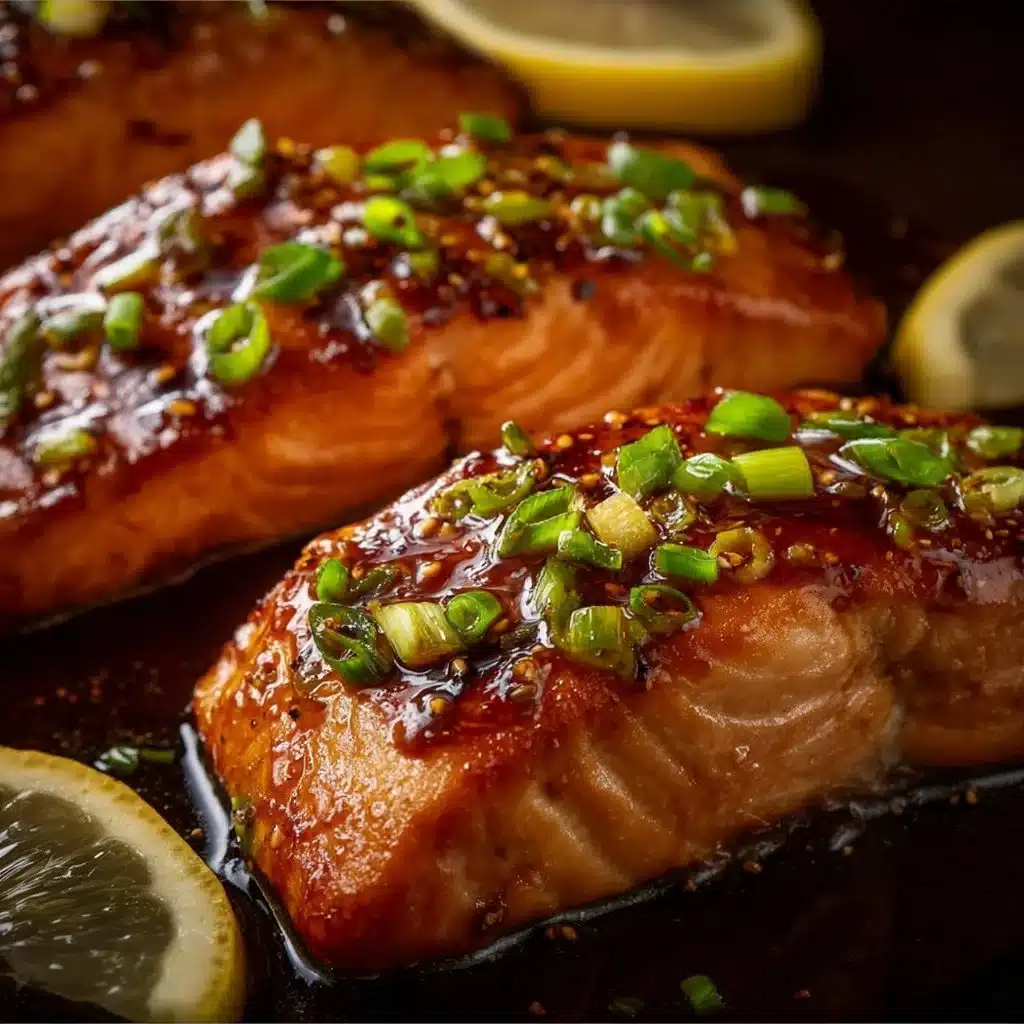 Delicious baked teriyaki salmon served with vegetables on a plate