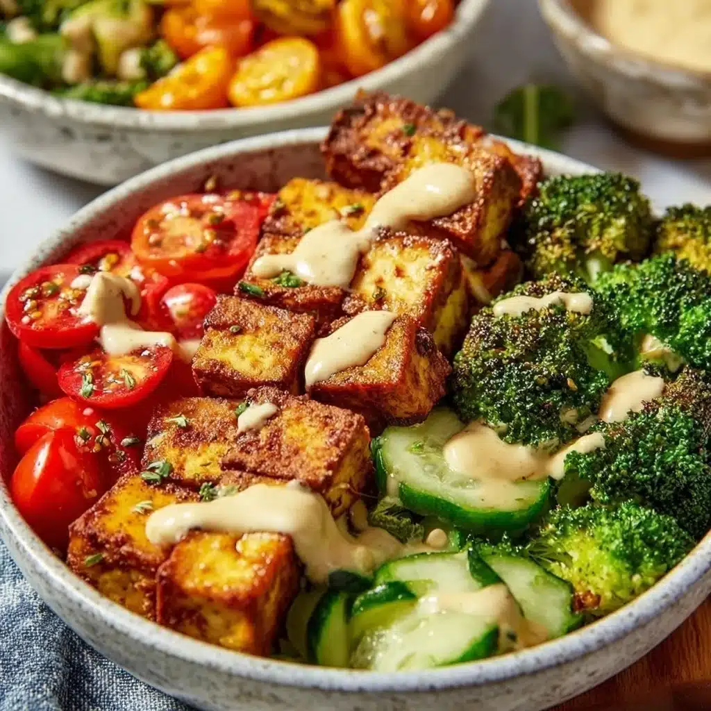Baked tofu and veggie bowl with colorful vegetables and grains
