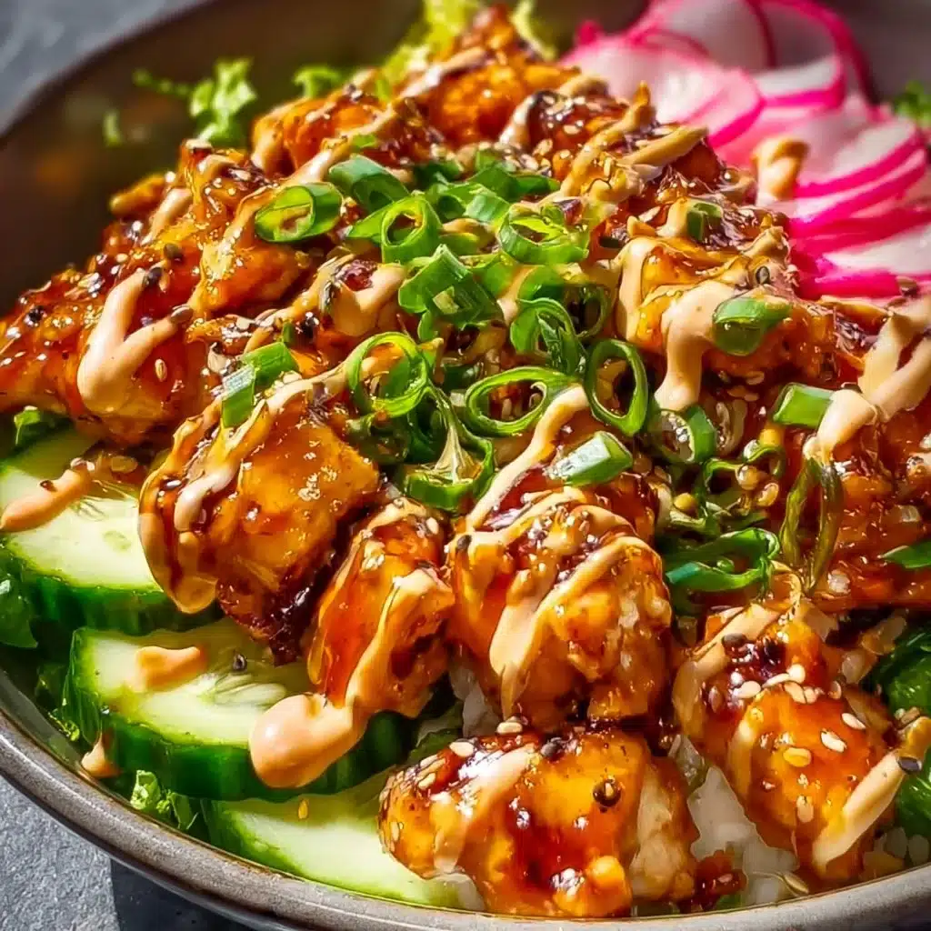 Delicious Bang Bang Chicken Bowl topped with fresh ingredients and spicy sauce.